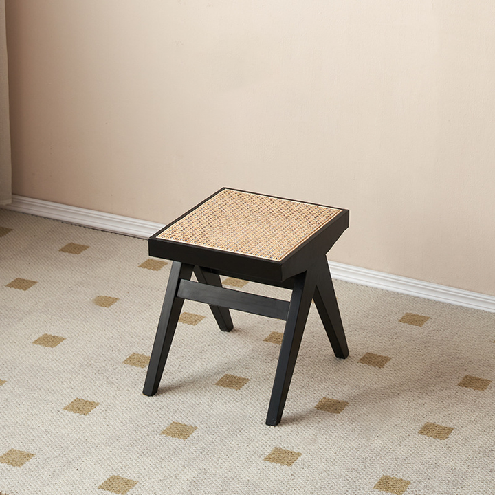 Traditional Japanese Rubberwood and Synthetic Fiber Rectangular V-Shaped Bench with Handwoven Seat for Entryway and Living Room