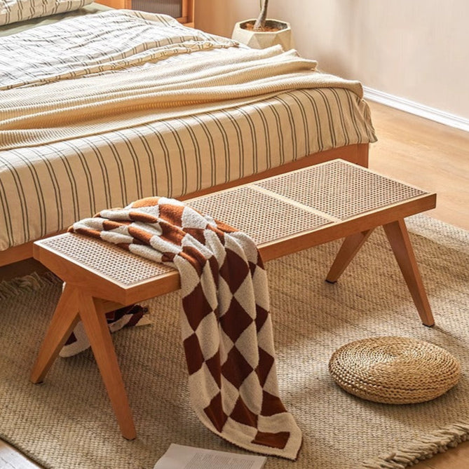 Traditional Japanese Rubberwood and Synthetic Fiber Rectangular V-Shaped Bench with Handwoven Seat for Entryway and Living Room