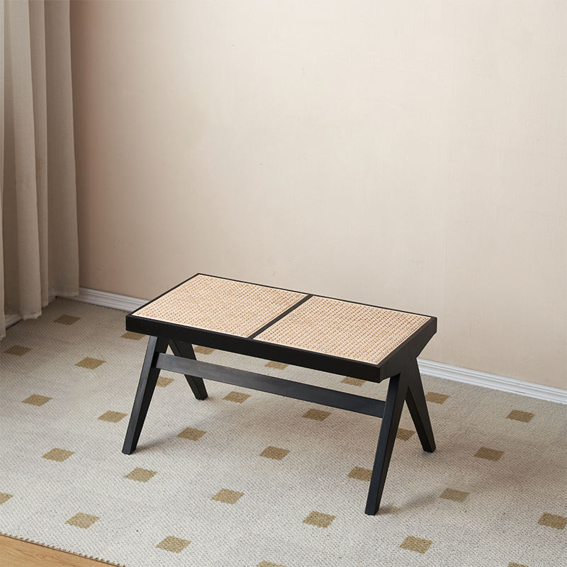 Traditional Japanese Rubberwood and Synthetic Fiber Rectangular V-Shaped Bench with Handwoven Seat for Entryway and Living Room