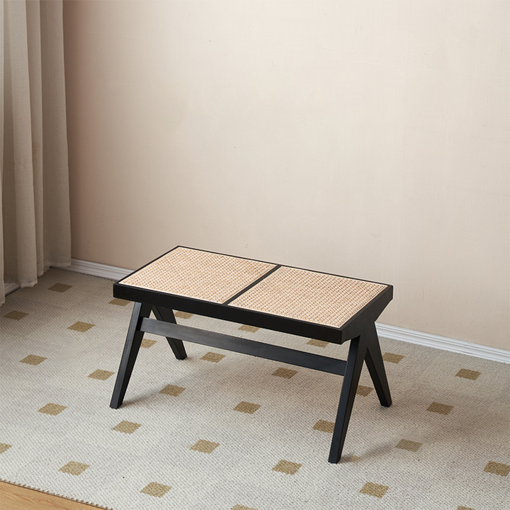 Traditional Japanese Rubberwood and Synthetic Fiber Rectangular V-Shaped Bench with Handwoven Seat for Entryway and Living Room