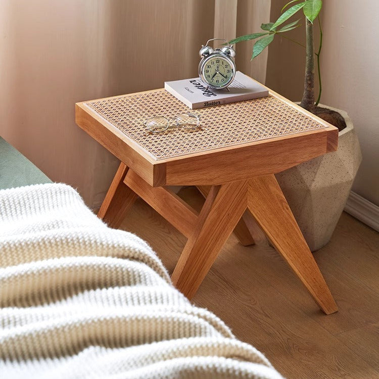 Traditional Japanese Rubberwood and Synthetic Fiber Rectangular V-Shaped Bench with Handwoven Seat for Entryway and Living Room