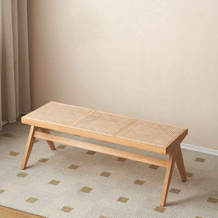 Traditional Japanese Rubberwood and Synthetic Fiber Rectangular V-Shaped Bench with Handwoven Seat for Entryway and Living Room