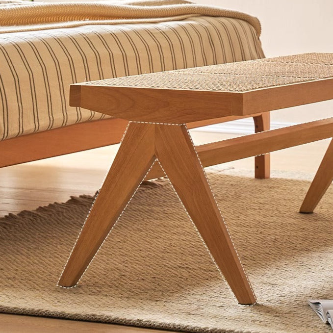 Traditional Japanese Rubberwood and Synthetic Fiber Rectangular V-Shaped Bench with Handwoven Seat for Entryway and Living Room