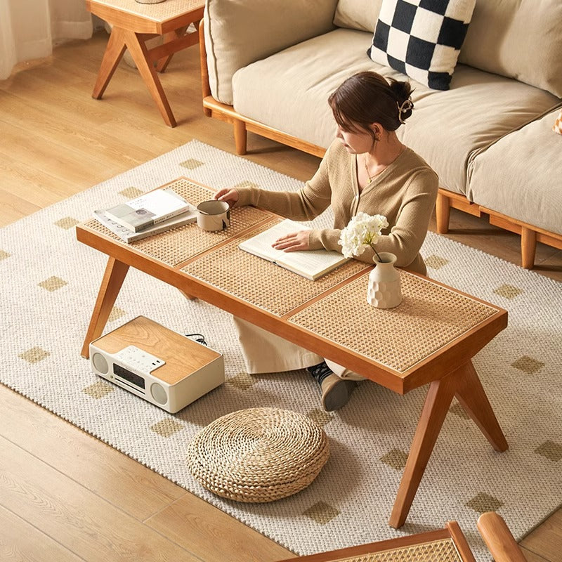 Traditional Japanese Rubberwood and Synthetic Fiber Rectangular V-Shaped Bench with Handwoven Seat for Entryway and Living Room