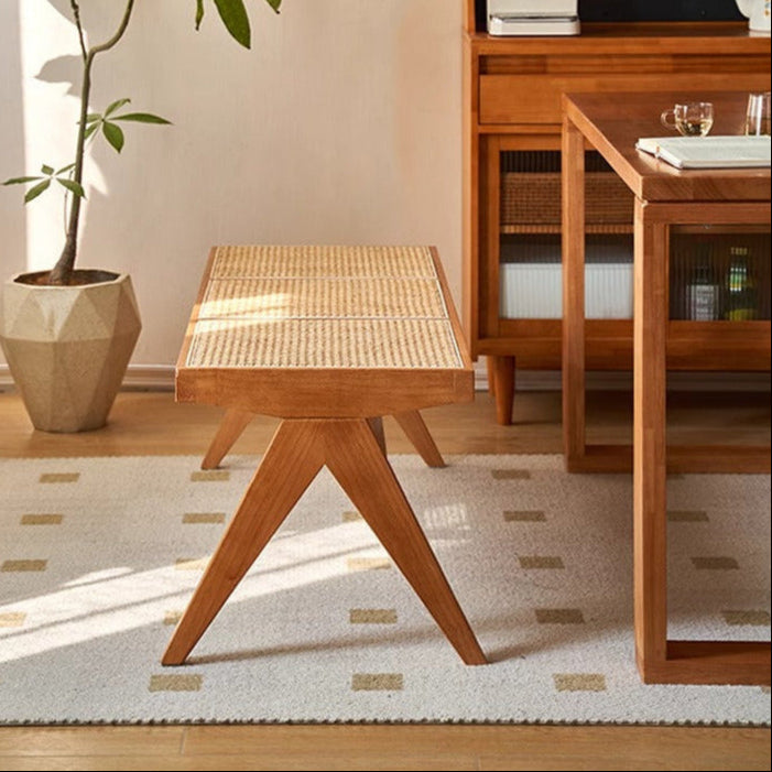 Traditional Japanese Rubberwood and Synthetic Fiber Rectangular V-Shaped Bench with Handwoven Seat for Entryway and Living Room