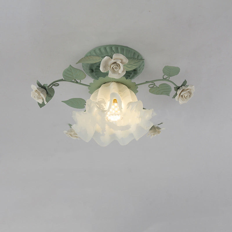 Traditional French clock shade iron ceramic glass screen 1-light semi-flush mount ceiling lamp for living room