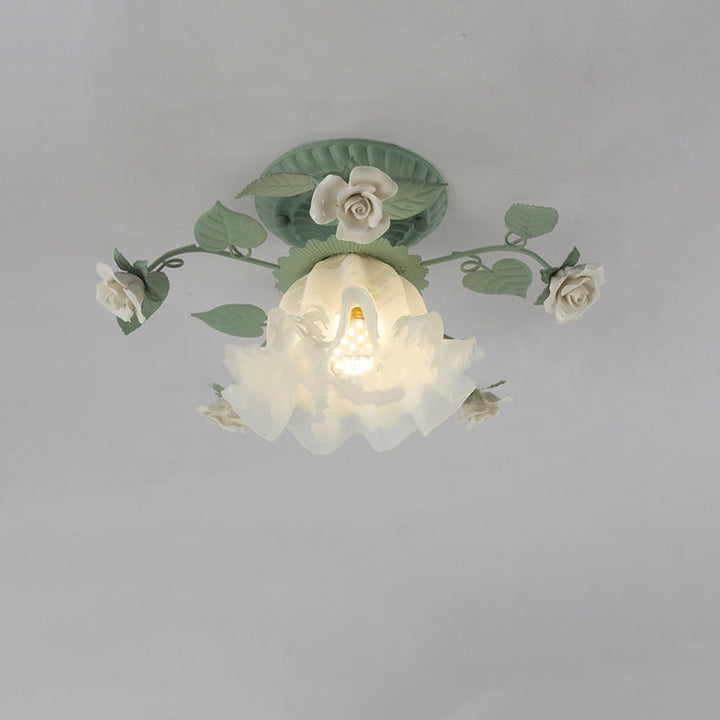 Traditional French clock shade iron ceramic glass screen 1-light semi-flush mount ceiling lamp for living room