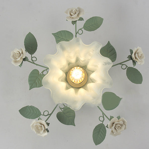 Traditional French clock shade iron ceramic glass screen 1-light semi-flush mount ceiling lamp for living room