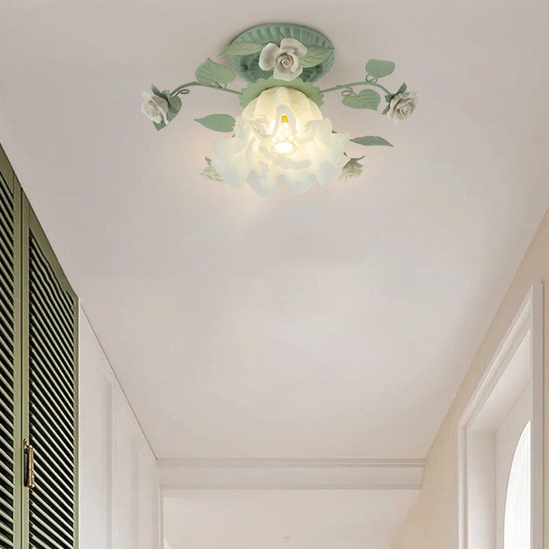 Traditional French clock shade iron ceramic glass screen 1-light semi-flush mount ceiling lamp for living room