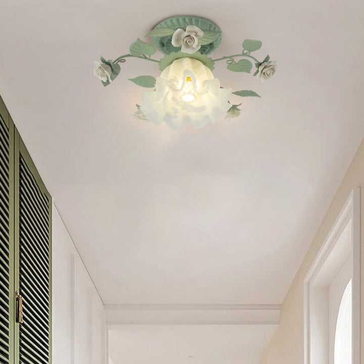 Traditional French clock shade iron ceramic glass screen 1-light semi-flush mount ceiling lamp for living room