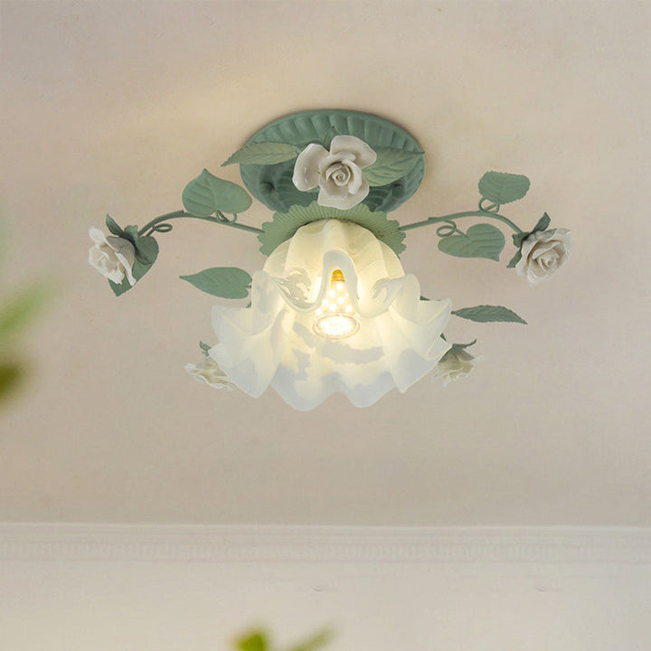 Traditional French clock shade iron ceramic glass screen 1-light semi-flush mount ceiling lamp for living room