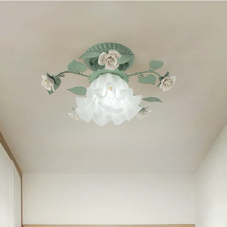 Traditional French clock shade iron ceramic glass screen 1-light semi-flush mount ceiling lamp for living room