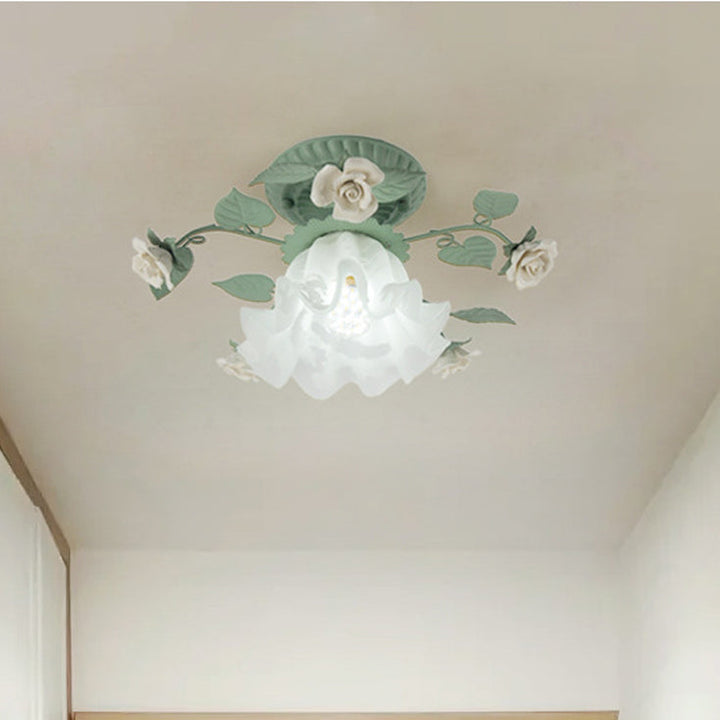 Traditional French clock shade iron ceramic glass screen 1-light semi-flush mount ceiling lamp for living room