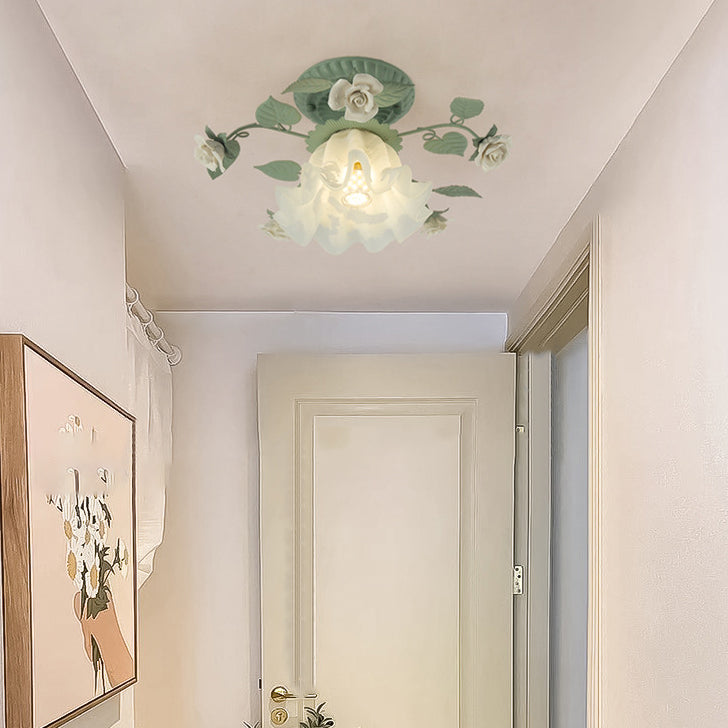 Traditional French clock shade iron ceramic glass screen 1-light semi-flush mount ceiling lamp for living room