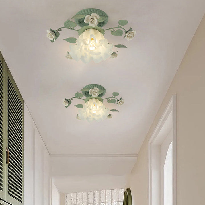 Traditional French clock shade iron ceramic glass screen 1-light semi-flush mount ceiling lamp for living room