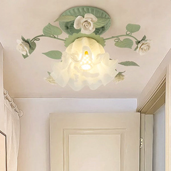 Traditional French clock shade iron ceramic glass screen 1-light semi-flush mount ceiling lamp for living room