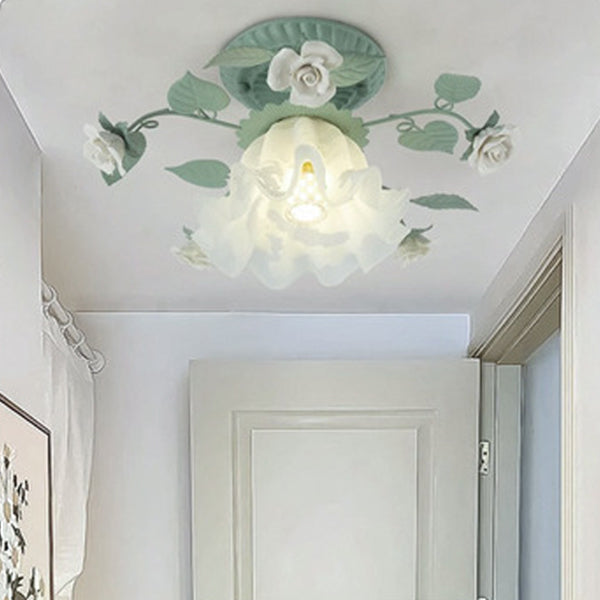 Traditional French clock shade iron ceramic glass screen 1-light semi-flush mount ceiling lamp for living room