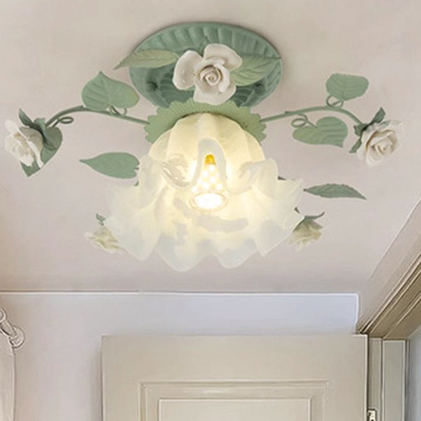 Traditional French clock shade iron ceramic glass screen 1-light semi-flush mount ceiling lamp for living room