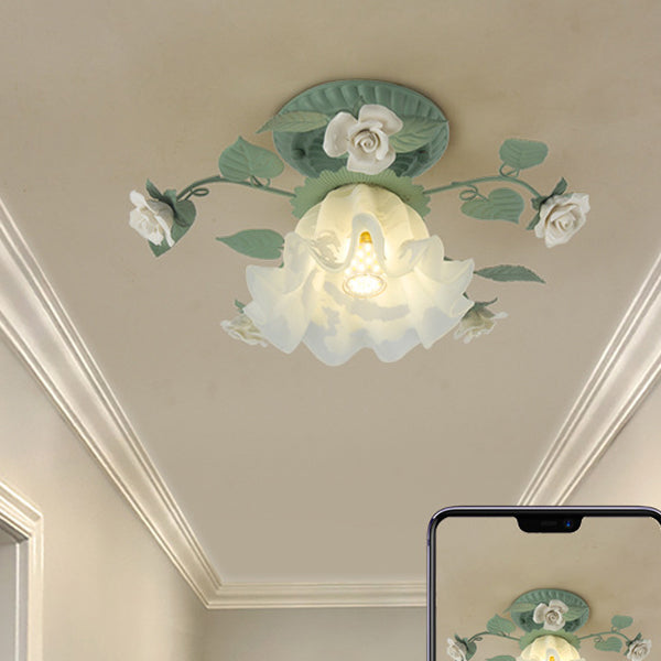 Traditional French clock shade iron ceramic glass screen 1-light semi-flush mount ceiling lamp for living room