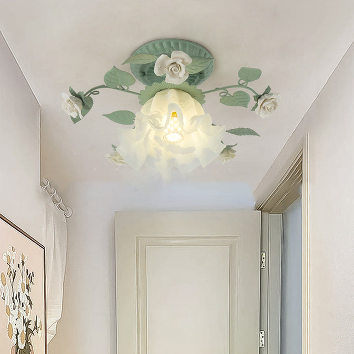 Traditional French clock shade iron ceramic glass screen 1-light semi-flush mount ceiling lamp for living room