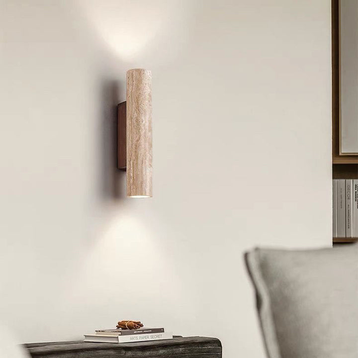 Contemporary Scandinavian Cylinder Round Yellow Travertine Wood 2-Light Wall Lamp for Living Room