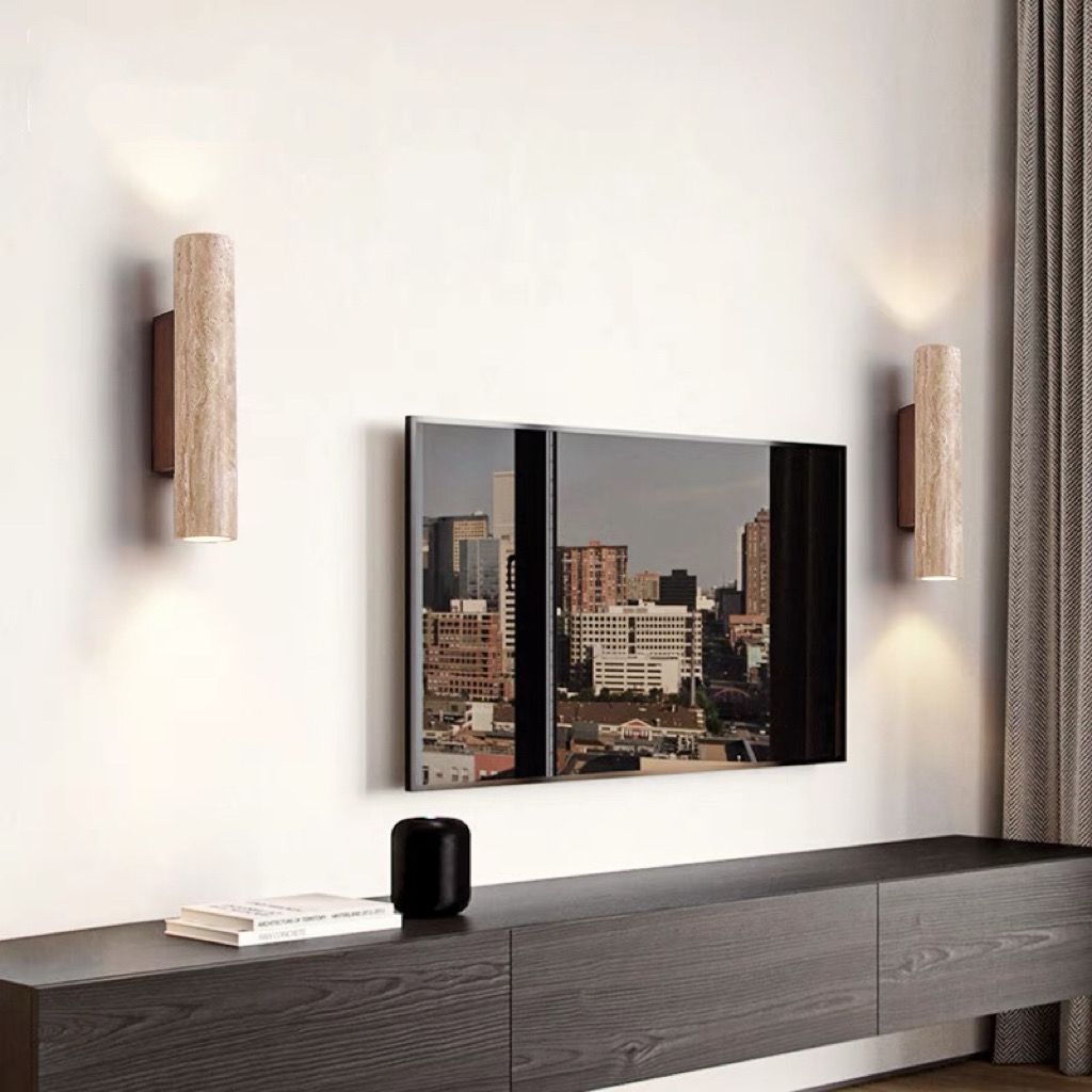 Contemporary Scandinavian Cylinder Round Yellow Travertine Wood 2-Light Wall Lamp for Living Room