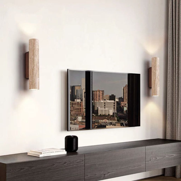 Contemporary Scandinavian Cylinder Round Yellow Travertine Wood 2-Light Wall Lamp for Living Room
