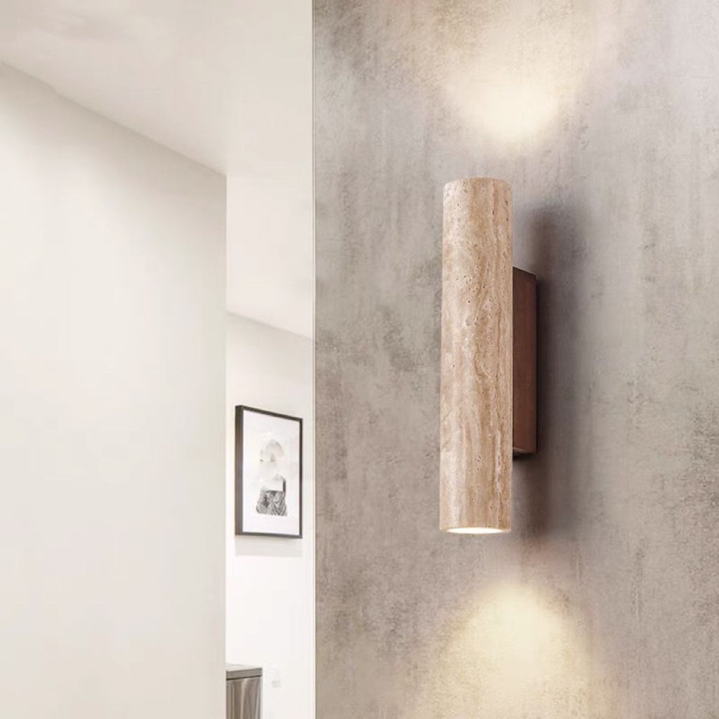 Contemporary Scandinavian Cylinder Round Yellow Travertine Wood 2-Light Wall Lamp for Living Room