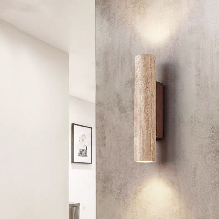 Contemporary Scandinavian Cylinder Round Yellow Travertine Wood 2-Light Wall Lamp for Living Room