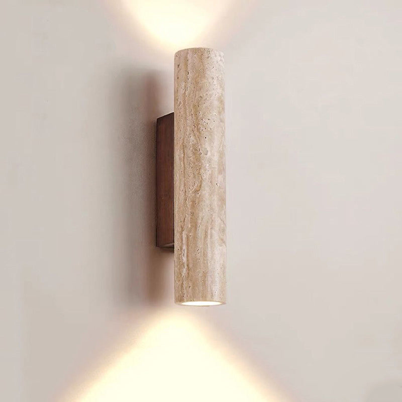 Contemporary Scandinavian Cylinder Round Yellow Travertine Wood 2-Light Wall Lamp for Living Room