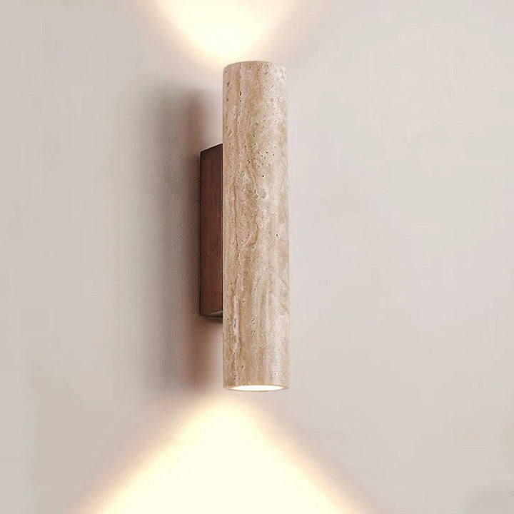 Contemporary Scandinavian Cylinder Round Yellow Travertine Wood 2-Light Wall Lamp for Living Room