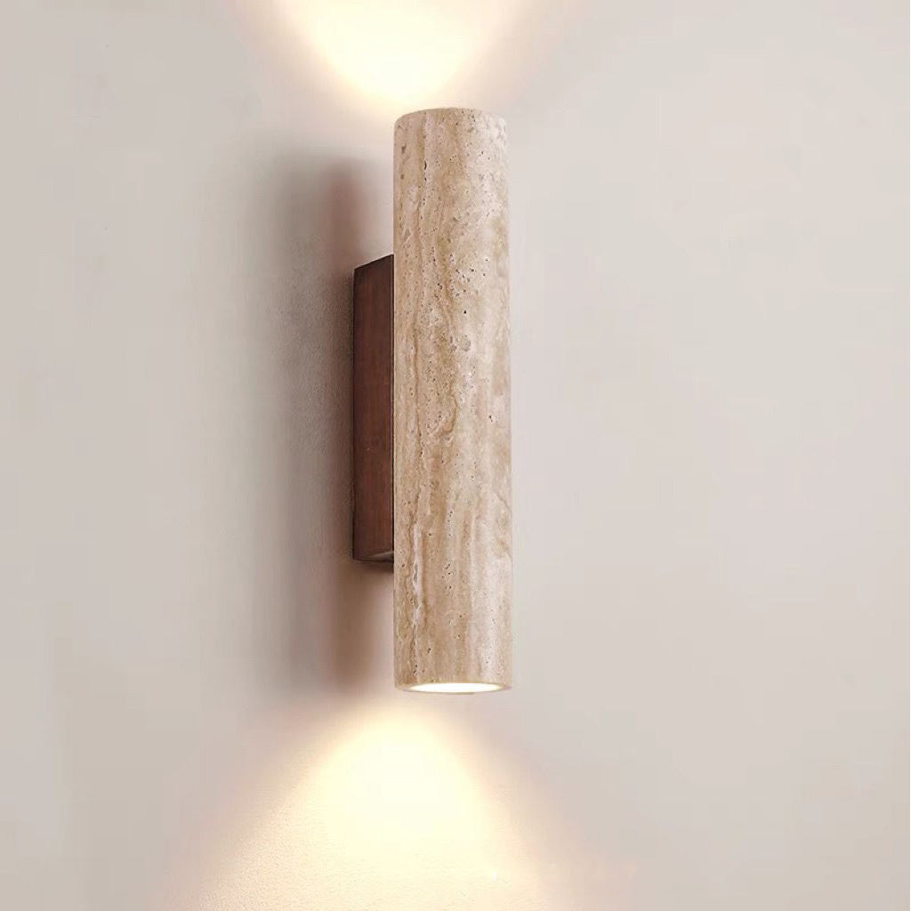 Contemporary Scandinavian Cylinder Round Yellow Travertine Wood 2-Light Wall Lamp for Living Room