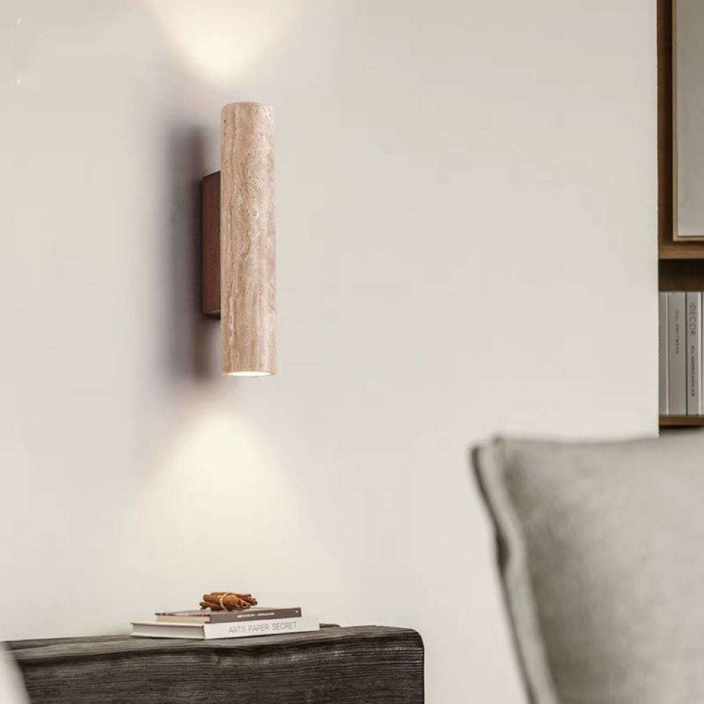 Contemporary Scandinavian Cylinder Round Yellow Travertine Wood 2-Light Wall Lamp for Living Room