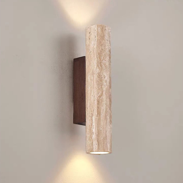 Contemporary Scandinavian Cylinder Round Yellow Travertine Wood 2-Light Wall Lamp for Living Room