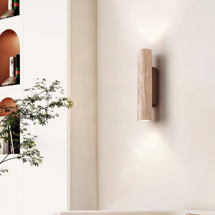 Contemporary Scandinavian Cylinder Round Yellow Travertine Wood 2-Light Wall Lamp for Living Room