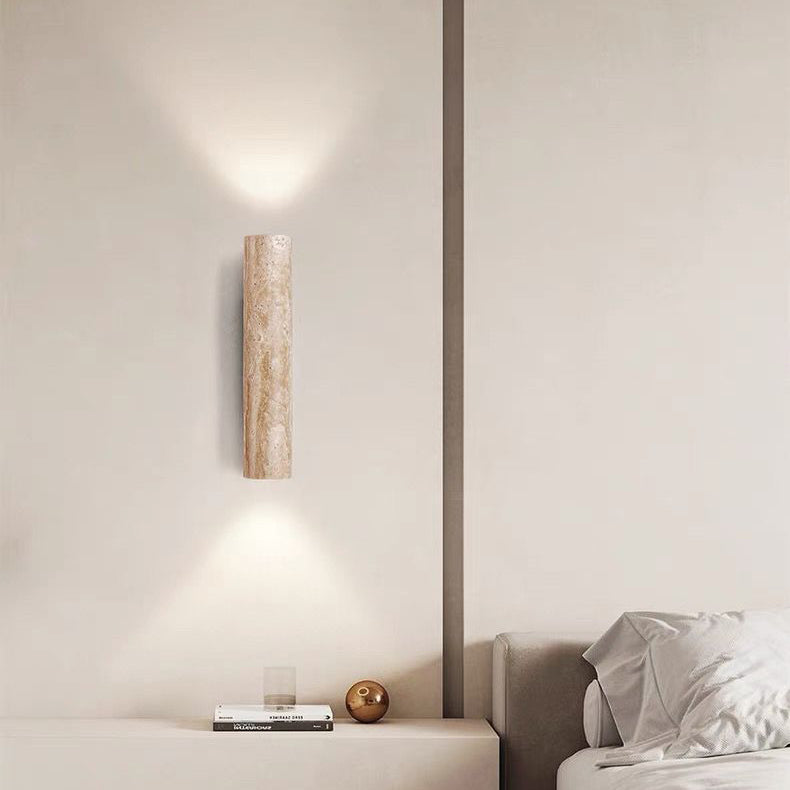 Contemporary Scandinavian Cylinder Round Yellow Travertine Wood 2-Light Wall Lamp for Living Room