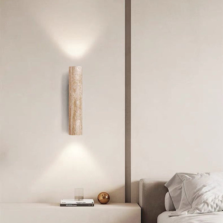 Contemporary Scandinavian Cylinder Round Yellow Travertine Wood 2-Light Wall Lamp for Living Room