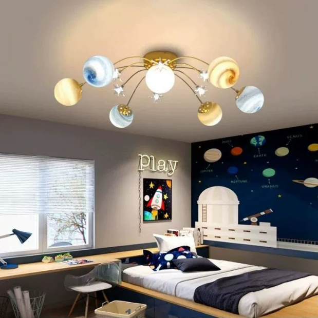 Contemporary Nordic Child Iron Glass Ball Earth Planet 13-Light Semi-Flush Mount Ceiling Lamp for Bedroom