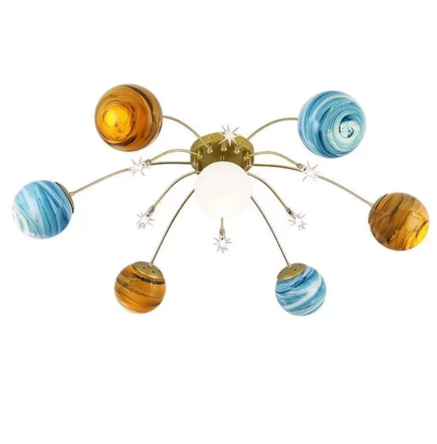 Contemporary Nordic Child Iron Glass Ball Earth Planet 13-Light Semi-Flush Mount Ceiling Lamp for Bedroom