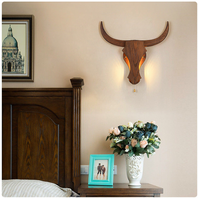 Traditional Rustic Solid Wood Cow Head LED Wall Lamp for Hall