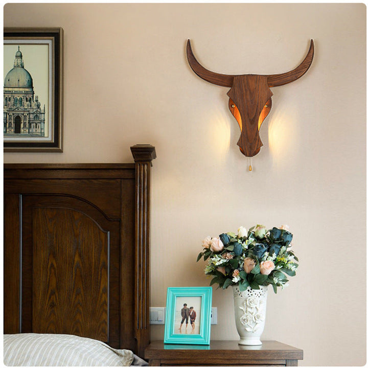 Traditional Rustic Solid Wood Cow Head LED Wall Lamp for Hall