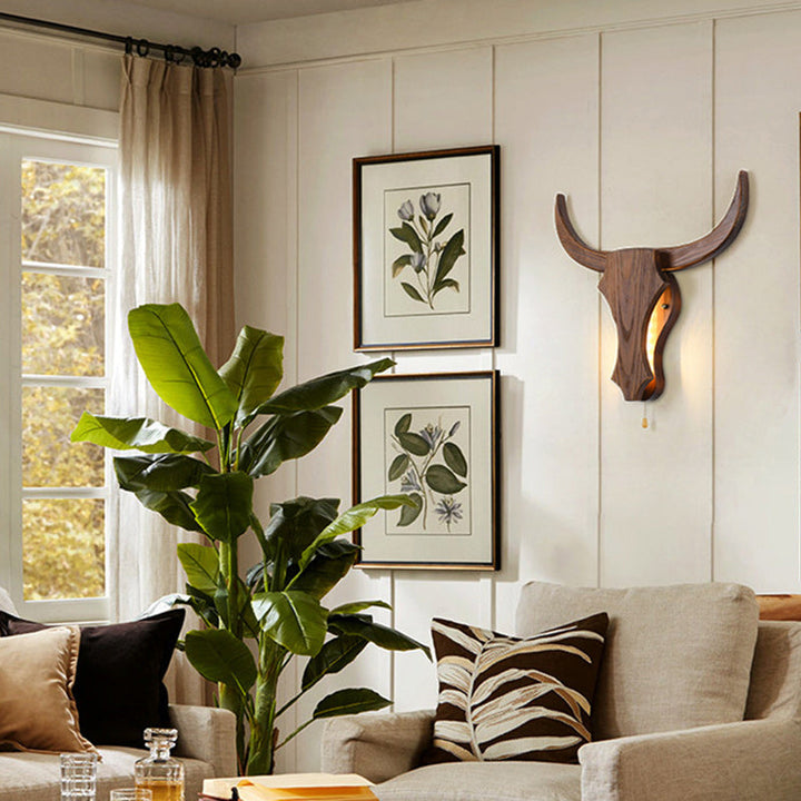 Traditional Rustic Solid Wood Cow Head LED Wall Lamp for Hall