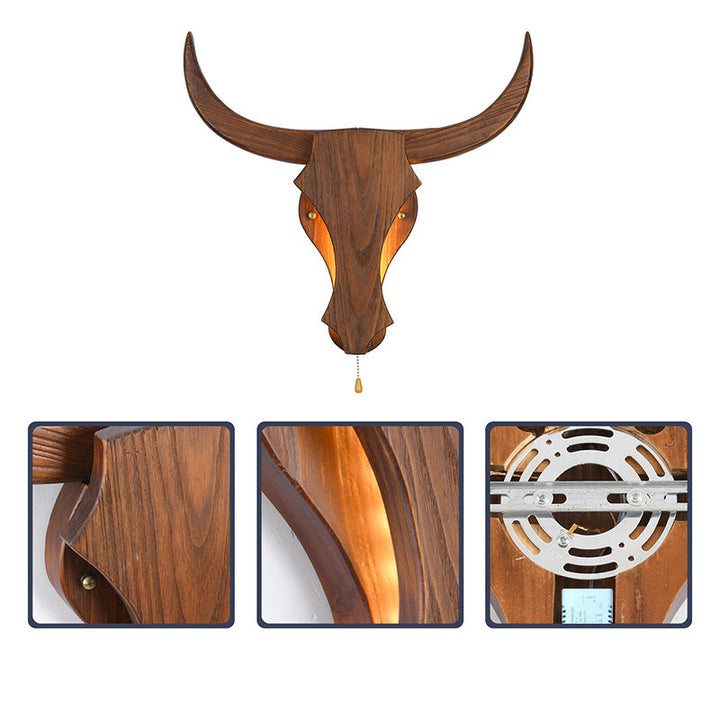 Traditional Rustic Solid Wood Cow Head LED Wall Lamp for Hall