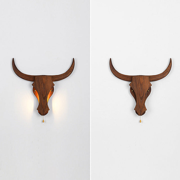 Traditional Rustic Solid Wood Cow Head LED Wall Lamp for Hall