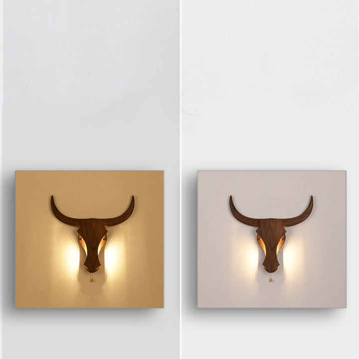 Traditional Rustic Solid Wood Cow Head LED Wall Lamp for Hall