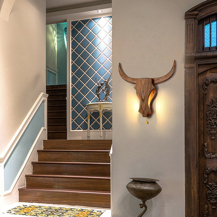 Traditional Rustic Solid Wood Cow Head LED Wall Lamp for Hall