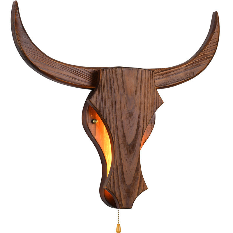 Traditional Rustic Solid Wood Cow Head LED Wall Lamp for Hall