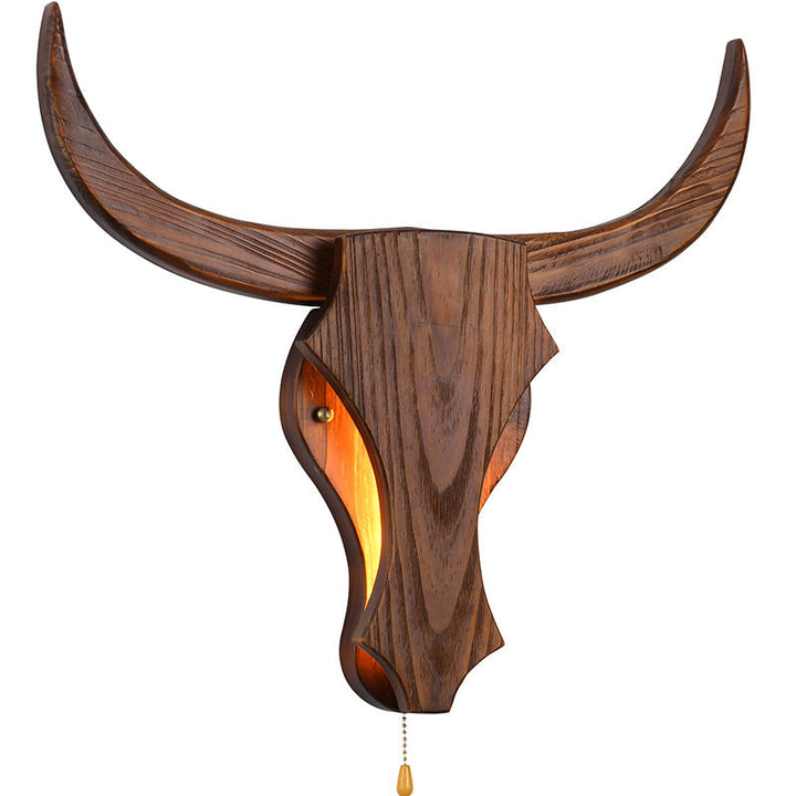 Traditional Rustic Solid Wood Cow Head LED Wall Lamp for Hall