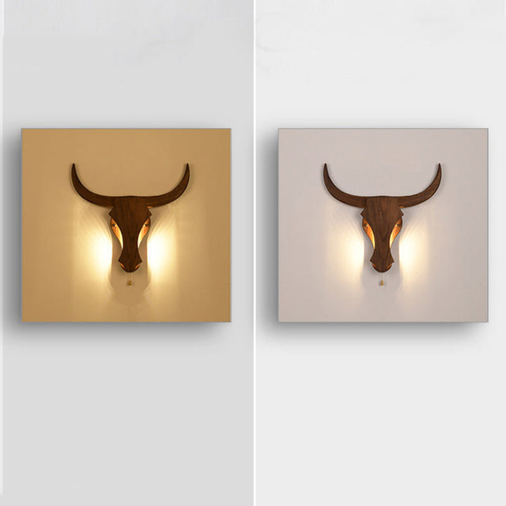 Traditional Rustic Solid Wood Cow Head LED Wall Lamp for Hall