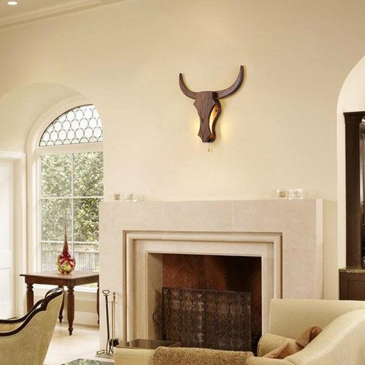 Traditional Rustic Solid Wood Cow Head LED Wall Lamp for Hall